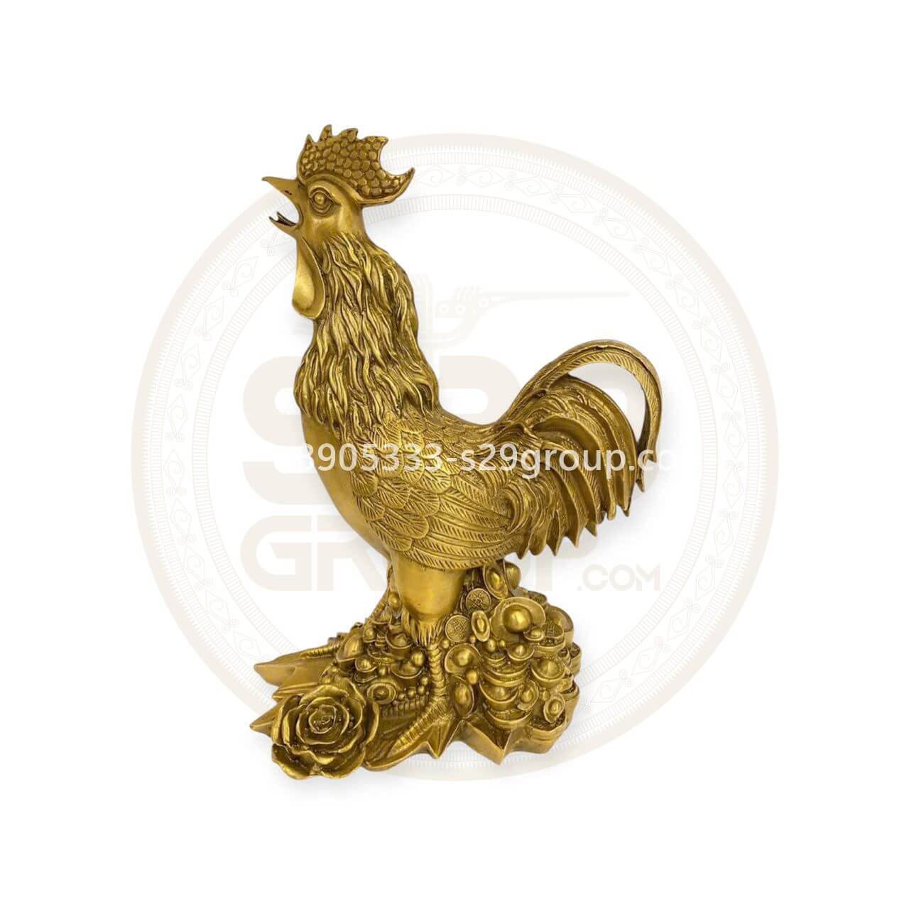 Tượng gà trống đứng hoa hồng bằng đồng nguyên chất ( cao 29cm x ngang 22cm x nặng 2,3kg ) ,Thương hiệu Đồng Vĩnh Phát,