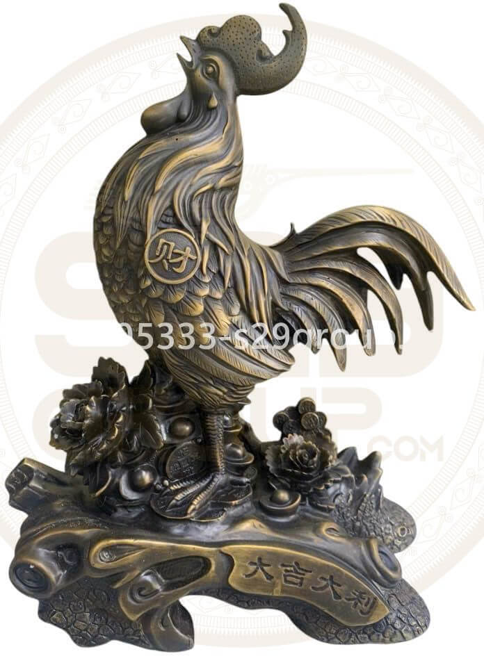 Tượng Gà trống đứng trên hoa hồng bệ tùng (cao 39cmx ngang 32cmxcao 16cmxnangj 10kg),bằng đồng nguyên chất