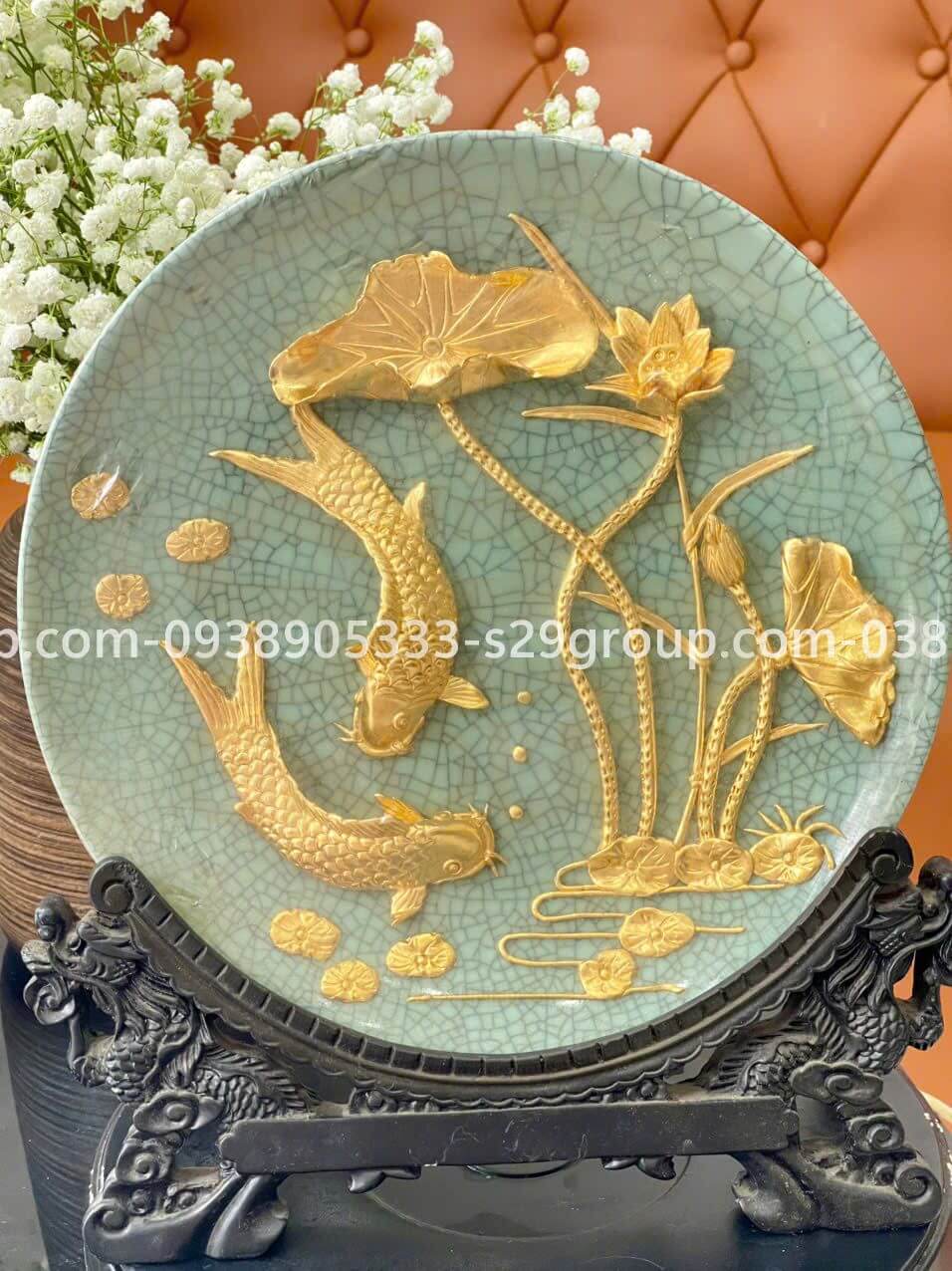 Đĩa quà tặng cá chép mạ vàng 24k